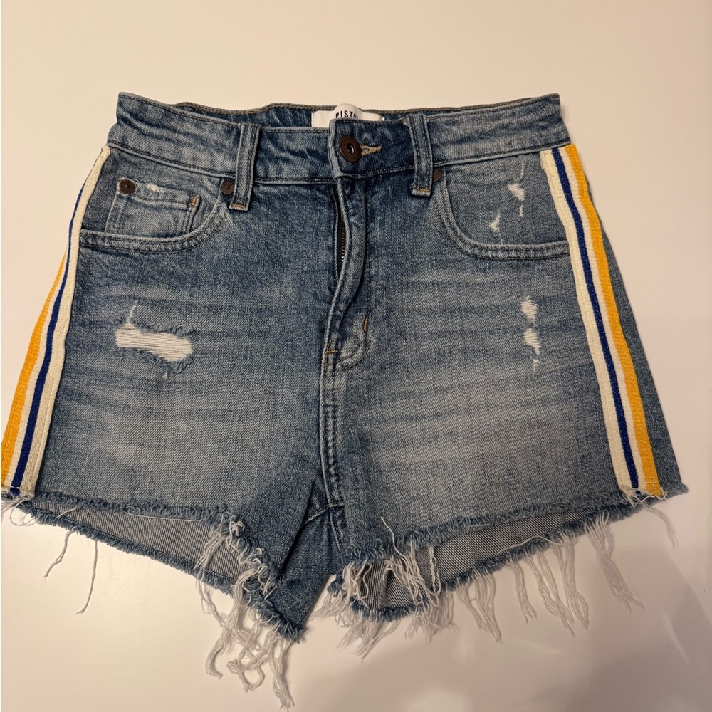 Pistola denim shorts with yellow and white stripes